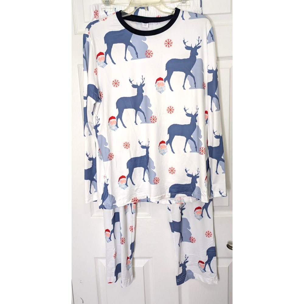 Womens 2 Piece Holiday Pajamas XL Deer Blue White Lounge Sleepwear